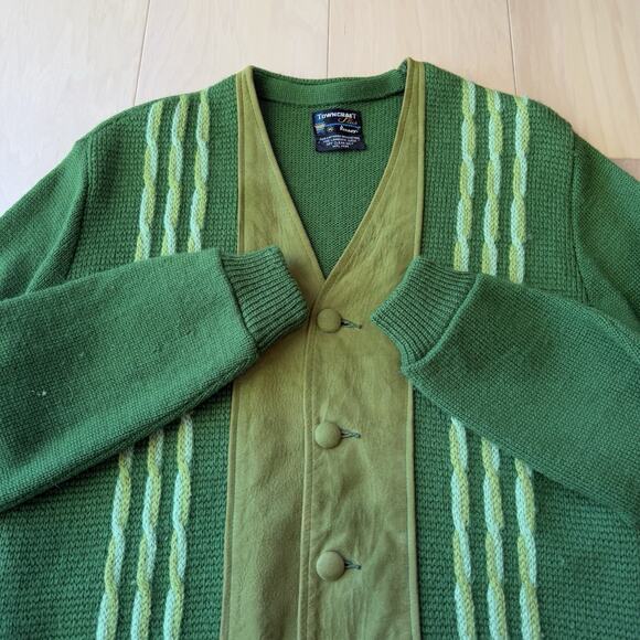 Vintage Towncraft Cardigan Medium Green Wool Suede 60s Pennys Made in USA - Picture 4 of 9
